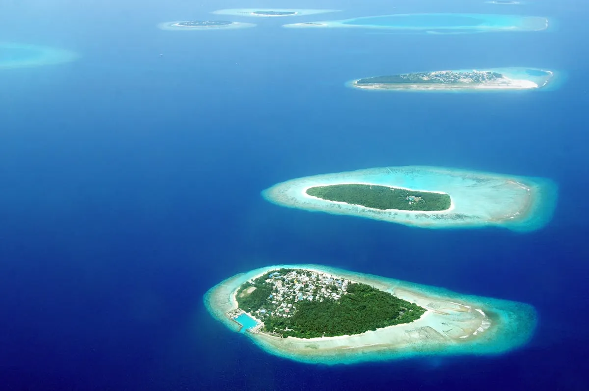 Aerial view of small islands in the Maldives